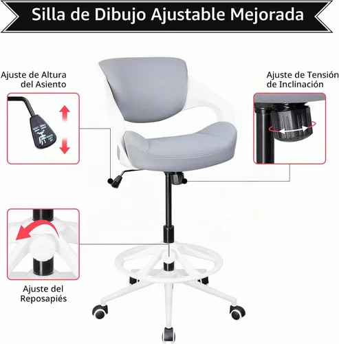 Vista 4 de Silla de dibujo ergonómica, silla de escritorio de computadora de pie, anillo de pie, soporte lumbar, silla giratoria para tareas - gris