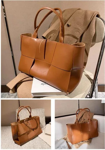 Vista 2 de Bolso bandolera grande de cuero tejido para mujer, bolso cruzado con asa superior para mujer, bolsa de trabajo con embrague a juego
