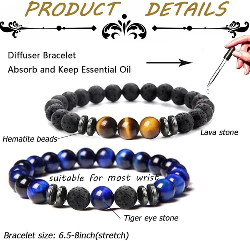 Vista 2 de MOZAKA 12 pulseras con cuentas de piedra natural de lava de 0.315 in para hombres y mujeres, ojo de tigre, hematita, ónix negro, cuentas mate
