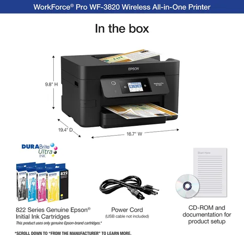 Vista 3 de Epson Workforce Pro WF-3820 Impresora inalámbrica a color todo en uno Print, scan, copy, fax; up to 21 ppm, 35-sheet ADF, auto 2-sided, 250-sheet