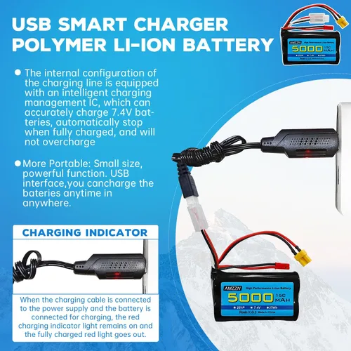 Vista 4 de Batería de iones de litio de 7.4V 5000mAh 2S con enchufe JST y enchufe XT30 con cable de carga USB para control remoto TX16S, TX18S, RC4GS, RC6GS