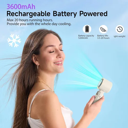 Vista 5 de Ventilador portátil de mano con enfriador de hielo turbo, ventilador de mano recargable, 100 velocidades, batería de 20 horas de duración de 3600