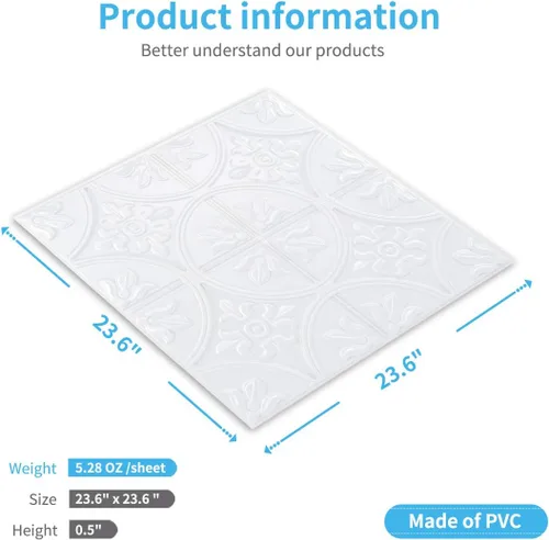 Vista 4 de Art3d Azulejos de techo de caída 2x2, panel de techo con pegamento, estilo clásico de lujo en blanco