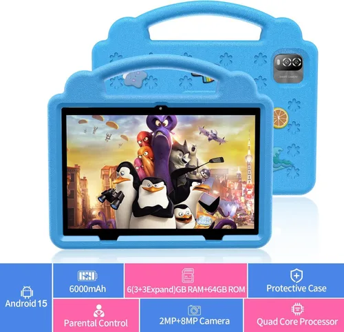 Vista 2 de Tablet de 10 Pulgadas para Niños con Estuche, Tablet Android 15 para Edades 3-12, 64GB, Tablet Educativa, Control Parental, WIFI 5G, Cámara Dual Azul