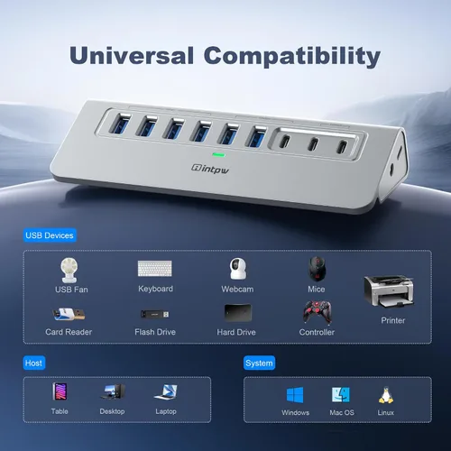Vista 6 de Concentrador USB alimentado de 10 Gbps, intpw de 9 puertos USB 3.2, concentrador USB C con USB A/USB C 3.2, 4 USB 3.0, 2 puertos de carga PD de 45