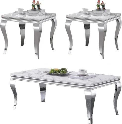 Vista 16 de SSLine Moderna mesa de centro de 1 pieza para sala de estar, mesa de centro de lujo de mármol sintético con patas de acero inoxidable en forma de S