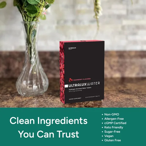 Vista 9 de UltraLux Health Tabletas de agua de hidrógeno, sabor frambuesa, 60 unidades, apoyo de energía y enfoque, hasta 12 partes por millón (ppm)