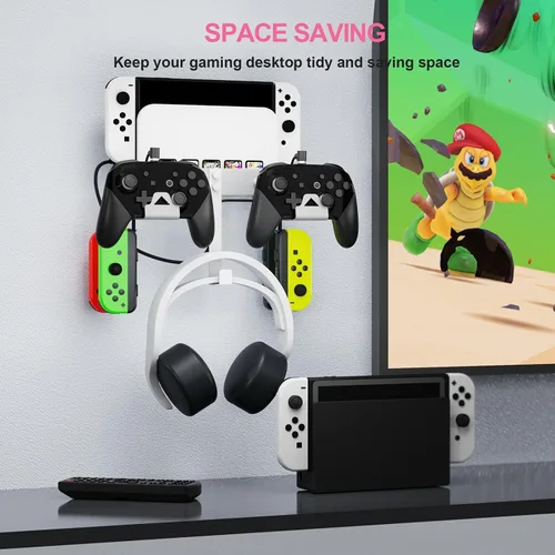 Vista 4 de EJGAME Soporte de montaje de pared compatible con Nintendo SwitchOLED, kit de montaje de pared de metal con ganchos para colgar auriculares