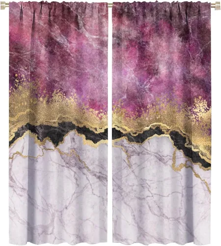 Vista 64 de Cortinas abstractas de mármol de lujo de lujo azul marino dorado a rayas con patrón de mármol estampado para dormitorio, sala de estar, cortinas