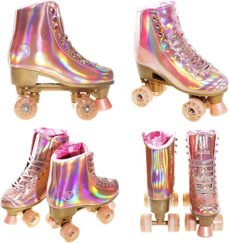 Vista 6 de JajaHoho Patines de ruedas para mujer, patines de cuero PU holográficos de alta calidad, patines brillantes de doble fila con cuatro ruedas