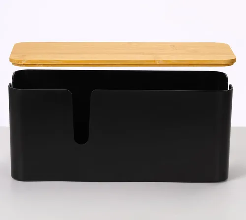 Vista 5 de ZhiYo Caja Organizadora de Cables con Tapa de Bambú, Caja de Gestión de Cables ABS Segura para TV y Computadora, Cubierta de Madera Ocultador