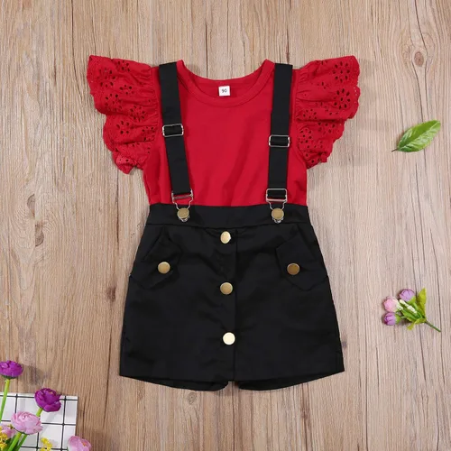 Vista 8 de Conjunto de falda de verano para bebé y niña, manga con volantes, camiseta + pantalones cortos, falda casual para niños