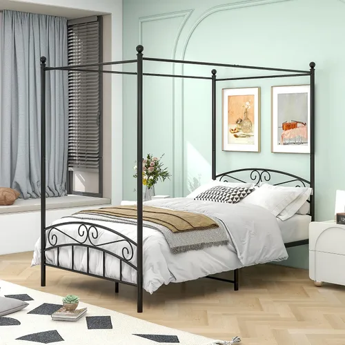 Vista 7 de Marco de cama con dosel de metal, con cuatro pósteres, matrimonial, color blanco