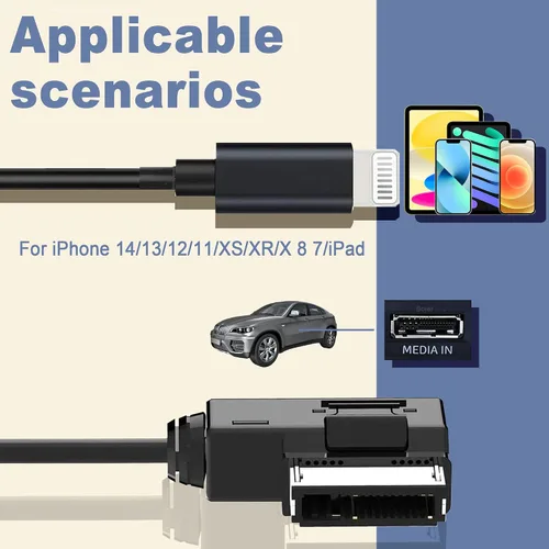 Vista 5 de AMI MMI - Cable auxiliar para iPhone 14 13 12 11 XS XR X 8 7 6, adaptador de interfaz auxiliar de coche compatible con Audi