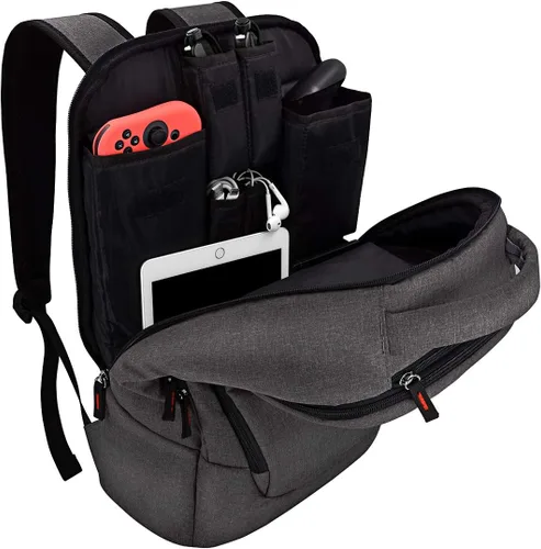 Vista 4 de VORI Mochila de juegos para Nintendo Switch System y Switch OLED modelo 2021, bolsa de almacenamiento de viaje para accesorios Nintendo Switch, gris