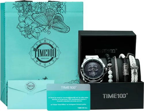 Vista 5 de TIME100 Reloj de calavera para hombre con juego de pulsera apilable, correa de silicona