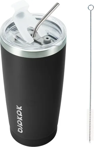 Vista 29 de BJPKPK Vaso térmico negro con tapa y pajita, de acero inoxidable, de 20 onzas, para café Pintura de caucho negro