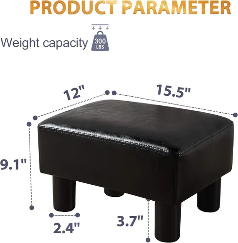 Vista 5 de LUE BONA Taburete rectangular moderno, reposapiés otomano acolchado de piel sintética negra, taburete pequeño para estar, adultos, patio