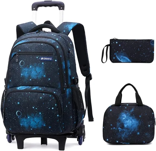 Vista 11 de Mochila con ruedas para niños de primaria con estampado galaxia, mochila con ruedas, 3Pcs-Black-Galaxy., 3Pcs Rolling Backpack Set, Portátil