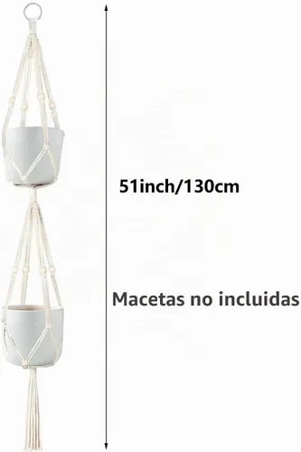 Vista 4 de Belit Paquete de 2 perchas dobles de macramé para plantas, cesta colgante de 2 niveles, cesta decorativa para macetas, cuerda para decoración