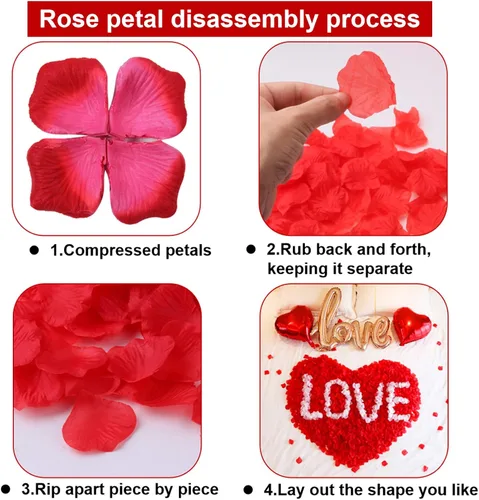 Vista 7 de 1000 pétalos de rosa falsos para noche romántica, creación de ambiente festivo romántico, para propuesta de matrimonio, boda, día de San Valentín