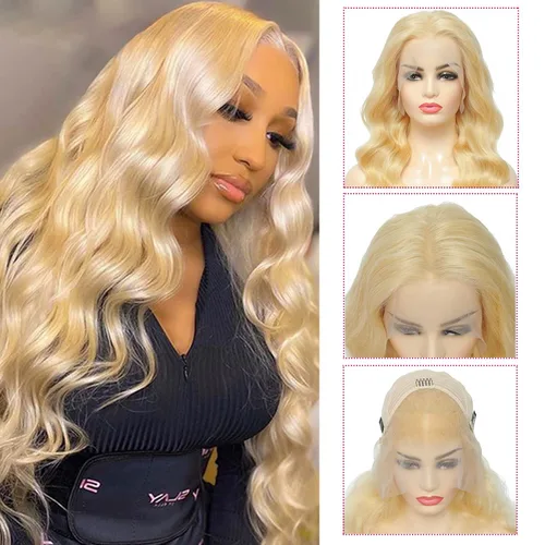 Vista 5 de Peluca de cabello humano con encaje frontal de onda corporal, rubio 613, 13x4, brasileña, 200 de densidad, nudos blanqueados pre arrancados