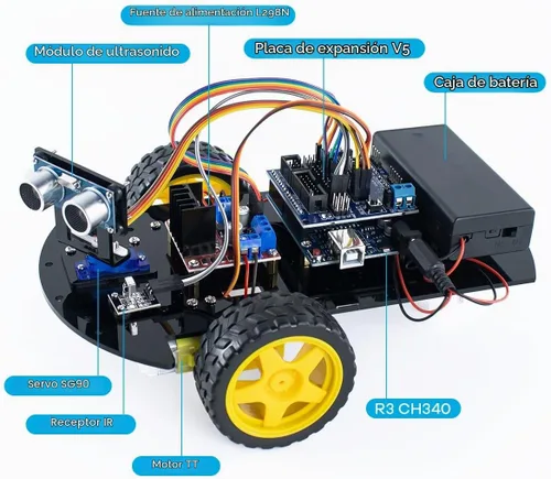 Vista 4 de Kit de chasis de coche robot inteligente LAFVIN 2WD con módulo ultrasónico, placa R3, compatible con control remoto y Arduino IDE, kit de bricolaje