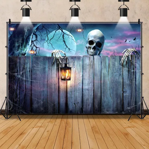 Vista 4 de Laeacco Telón de fondo de poliéster para fiesta de Halloween, 5 x 3 pies, horrible noche de Halloween, fondo de fotografía, pared de madera vintage