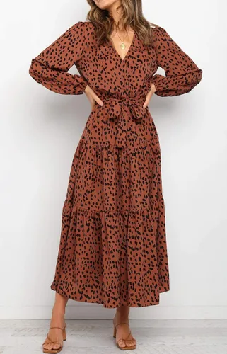 Vista 4 de R.Vivimos Vestidos casuales de otoño de manga larga para mujer, cuello en V, lunares, escalonados, volantes, vestido midi fluido con cinturón