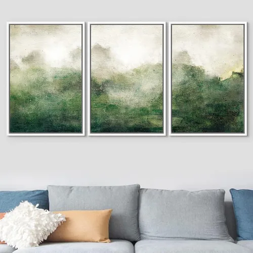 Vista 386 de SIGNFORD - Set de obras de arte en lienzo enmarcado para pared, ilustraciones abstractas de neblina del desierto en tonos neutros beige y marrón