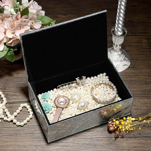 Vista 3 de Hipiwe Joyero de espejo con patrón de sol de diamante triturado, caja grande de cristal para baratijas, caja decorativa plateada, caja de recuerdos