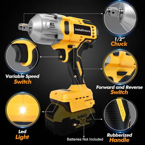 Vista 7 de Llave de impacto inalámbrica bellaDimora compatible con batería Dewalt de 20 V Brushless Motor, Auto-Stop Reverse, LED Light, 32-Piece Kit, Tire