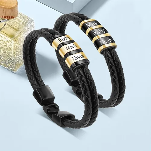 Vista 65 de Pulseras de cuero personalizadas para hombre con 1-6 nombres, pulsera trenzada personalizada con cuentas para papá, marido, día del padre, San