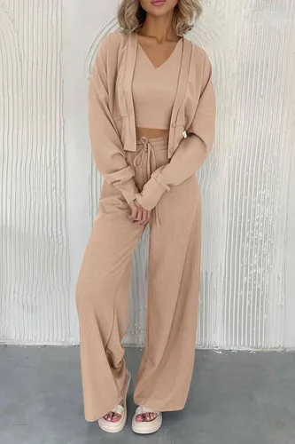 Vista 8 de PRETTYGARDEN Trajes de 3 piezas para mujer, conjuntos a juego, cárdigan de punto acanalado, camisetas sin mangas, pantalones de pierna ancha