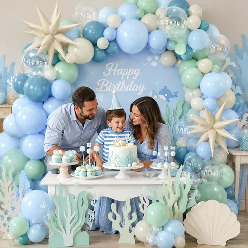 Vista 6 de Kit de guirnalda de arco de globos bajo el mar con globos de papel de aluminio de estrella azul polvoriento, verde pastel, arena y blanco