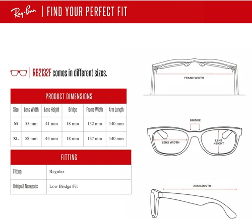 Vista 4 de Ray-Ban New Wayfarer RB2132F - Lentes de sol cuadrados de puente bajo para hombres y mujeres + paquete con kit DIW