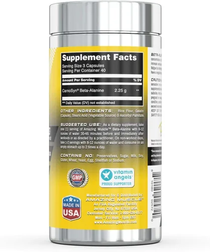 Vista 3 de Amazing Muscle Aminoácido beta alanina 2250 mg por porción Suplemento ideal antes y después del entrenamiento Sin sabor 120 cápsulas