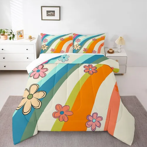 Vista 11 de Lindo juego de edredón de flores para niños y mujeres. Juego de ropa de cama de flores coloridas de dibujos animados, tamaño individual, bonito