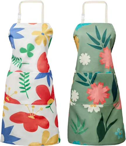 Vista 9 de LOLOMLO 2 Pack Floral Apron for Women with Pockets, Water Resistant Adjustable Neck Strap, Apron for Gardening