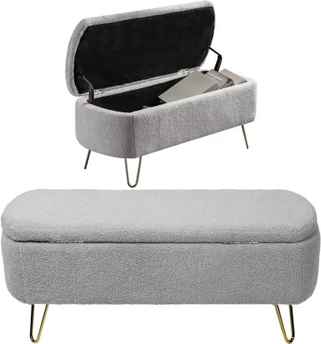 Vista 8 de mikibama Banco otomano de piel sintética de 38.9 pulgadas con diseño de sherpa, para ventana, banco de entrada, otomanos con patas de metal dorado