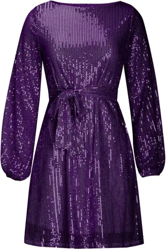 Vista 4 de TREBIN Vestido corto de lentejuelas para mujer, holgado, de manga larga, recto, con purpurina, para fiesta, vestido de lentejuelas