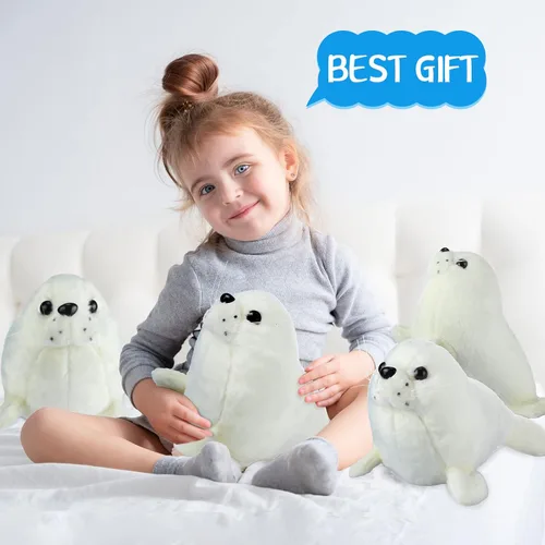 Vista 6 de Sosation Juego de 4 piezas de animales de peluche con sello de peluche de foca gordita blanca, lindo sello de almohada de abrazo, juego de juguetes