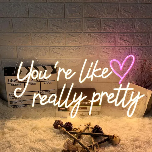 Vista 3 de Letrero de neón grande con texto en inglés "Your are Like Really Pretty", luces LED de neón para dormitorio, cumpleaños, boda, compromiso, fiesta