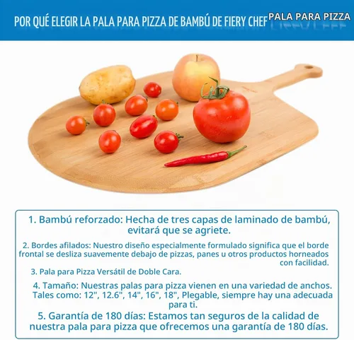 Vista 6 de Fiery Chef - Pala de pizza de bambú de 12 pulgadas con 8 ranuras para rebanadas, 17.3 x 12.2 pulgadas