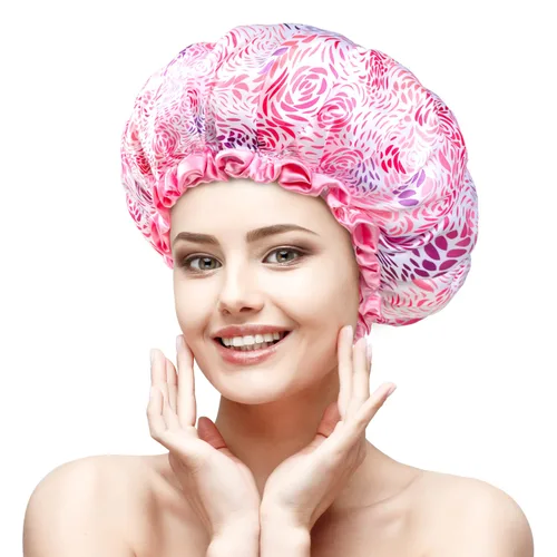 Vista 8 de mikimini Gorro de ducha grande para mujer, cabello largo, 1 paquete, diseño romántico de pétalos, doble capa impermeable, reutilizable, lavable