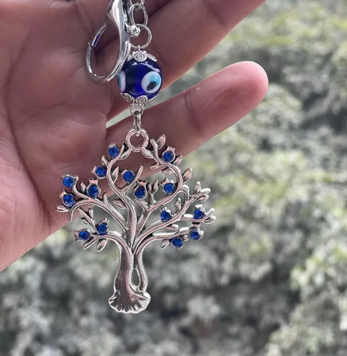 Vista 6 de Colgante con forma de árbol con ojo malvado azul, llavero de aleación de cristal para hombres y mujeres (paquete de 1), Azul