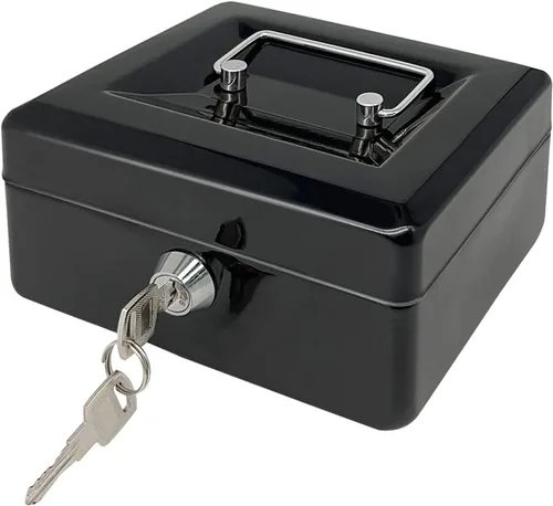 Vista 10 de Caja de efectivo de acero con cerradura de llave, organizador de dinero pequeño de metal con bandeja para dinero, caja de almacenamiento de efectivo