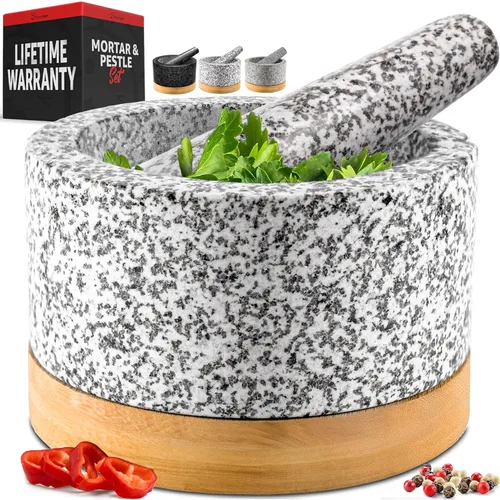 Vista 13 de Priority Chef Juego de mortero y mazo de alta resistencia con base de bambú, molinillo de piedra de granito 100% natural, tazón y machacador de Negro