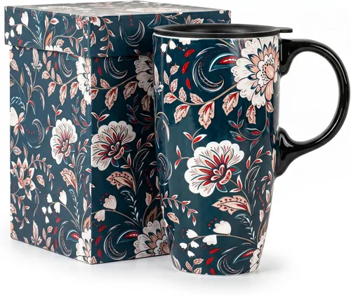 Vista 12 de Topadorn Taza de Café de Cerámica Taza de Viaje Regalo con Tapa 17oz, Taza de Té Alta de Porcelana con Asa para el Hogar y la Oficina, Taza