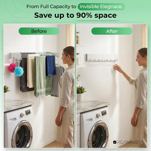 Vista 3 de Tendedero plegable para montaje en la pared para ropa de lavandería 28" Construcción de metal resistente que soporta la lavandería diaria con un